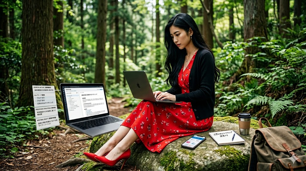 森の中で作業する女性